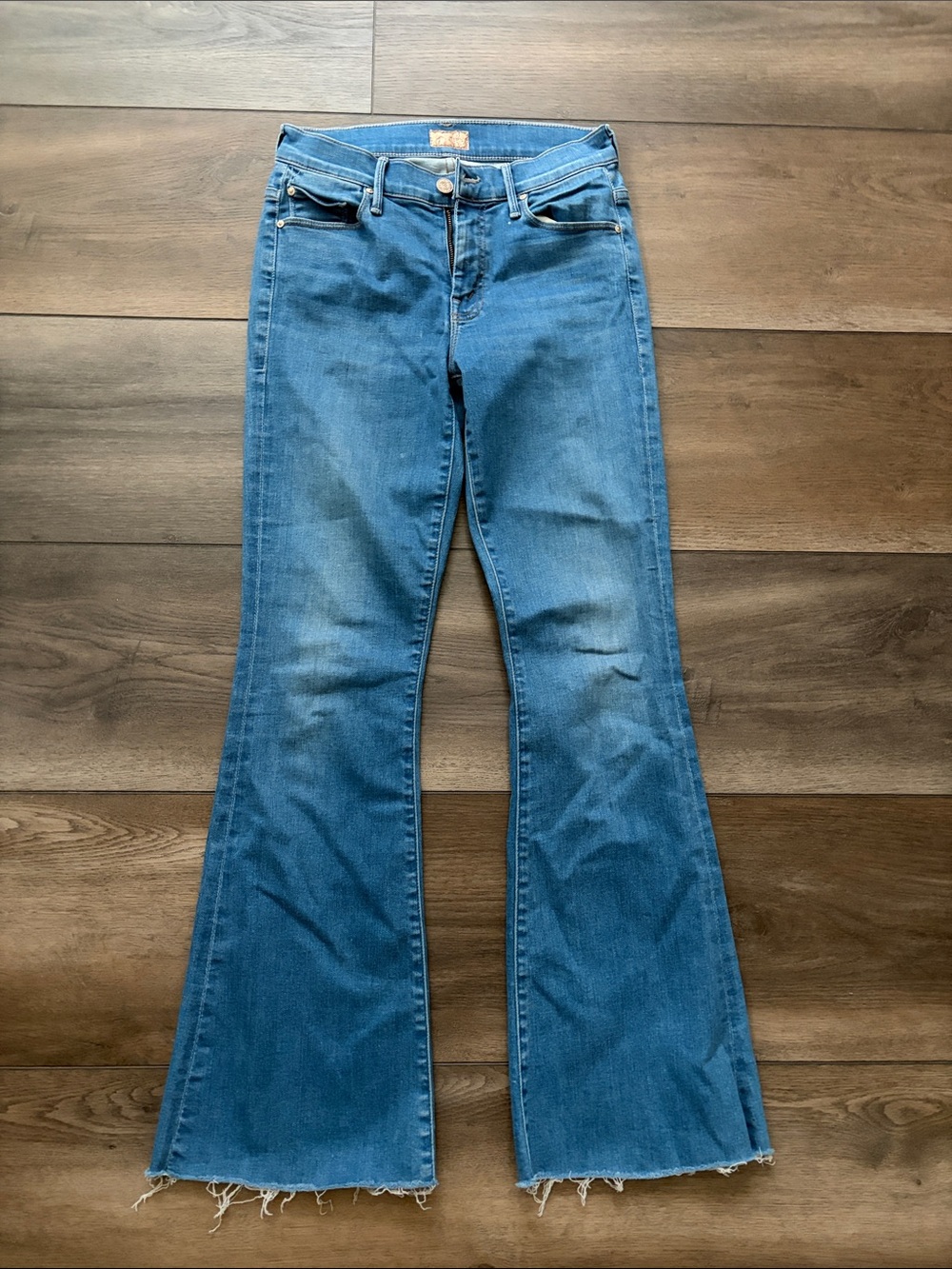 Mother The Weekender Fray Chill Blue Flared Jeans - Classic Stretch Denim